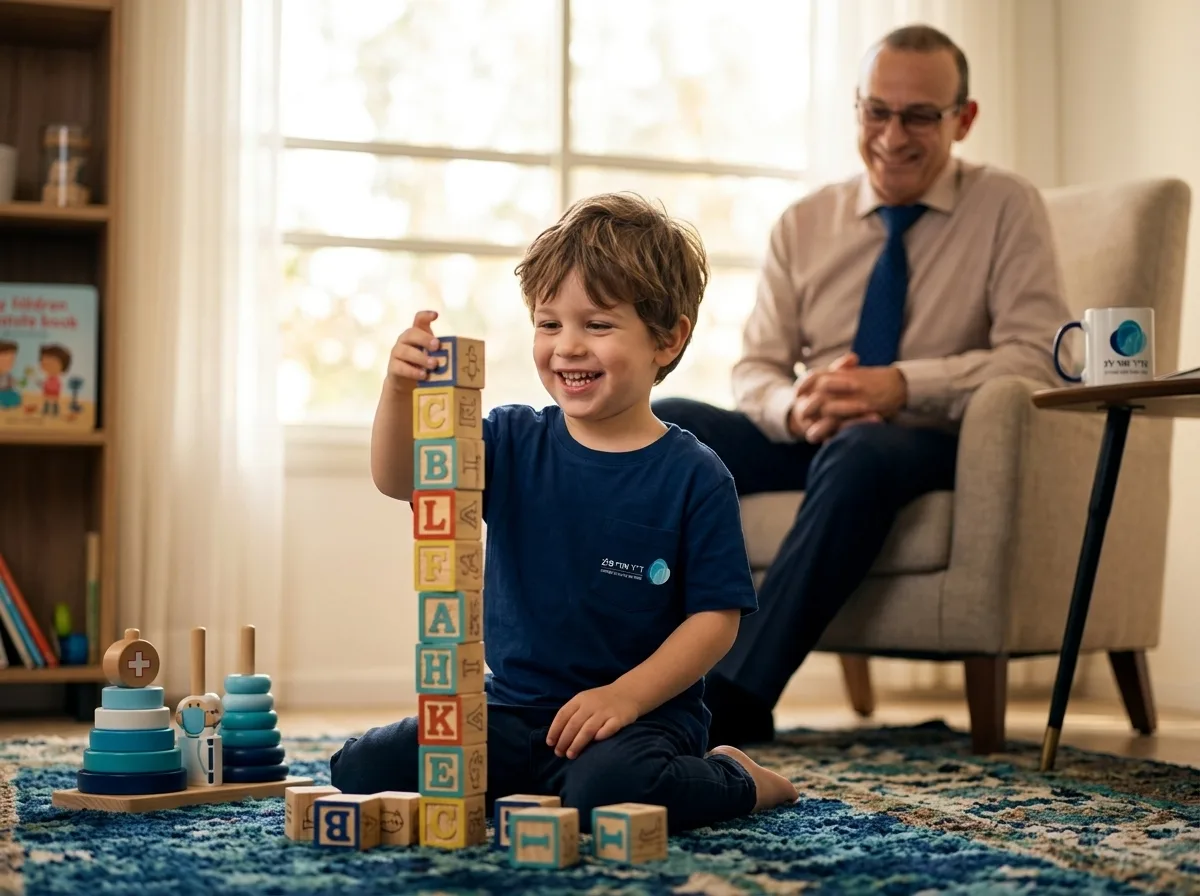 צילום מציאותי של ילד קטן ושמח משחק בקוביות עץ על שטיח צבעוני בסלון ביתי מואר, משדר בריאות וחזרה מהירה לשגרה, תאורת שמש חמימה, צבעים חיים