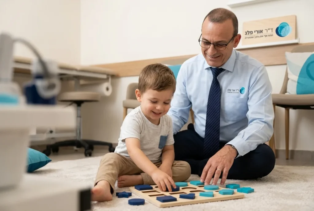 ילד קטן ומאושר משחק בקוביות או פאזל, משדר חזרה מהירה לשגרה.