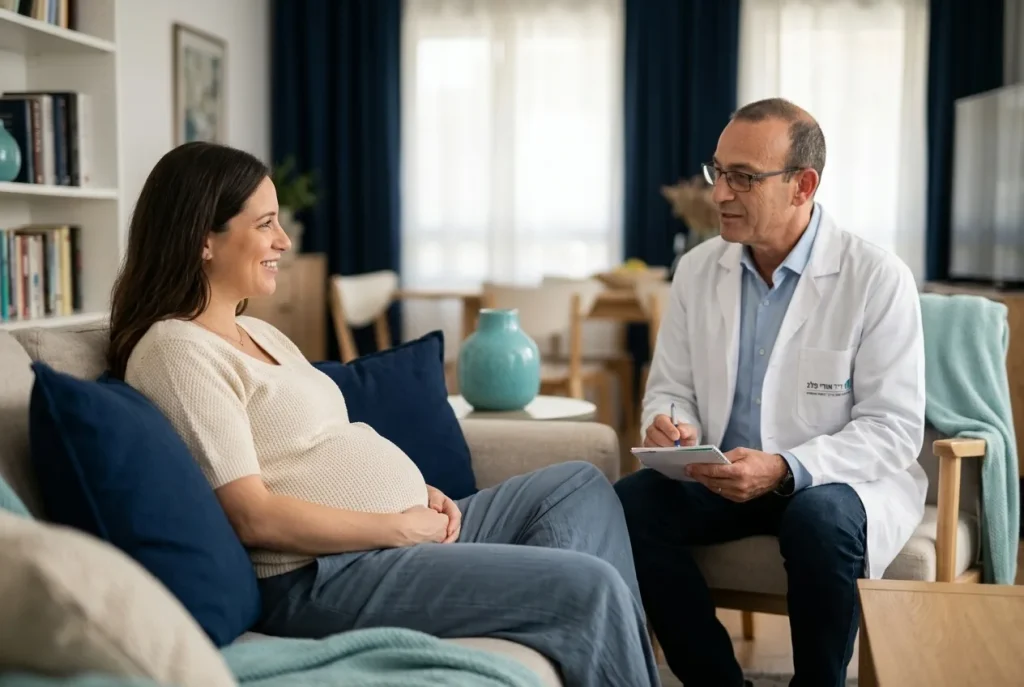 אישה בהריון יושבת בנינוחות בסלון הבית עם חיוך רגוע, משדרת ביטחון.