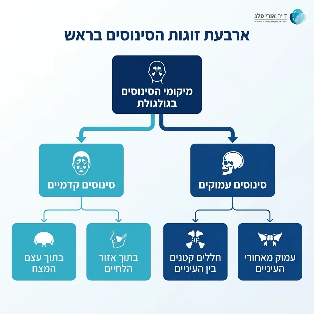אינפוגרפיקה — ארבעת זוגות הסינוסים בראש: מיקומי הסינוסים בגולגולת