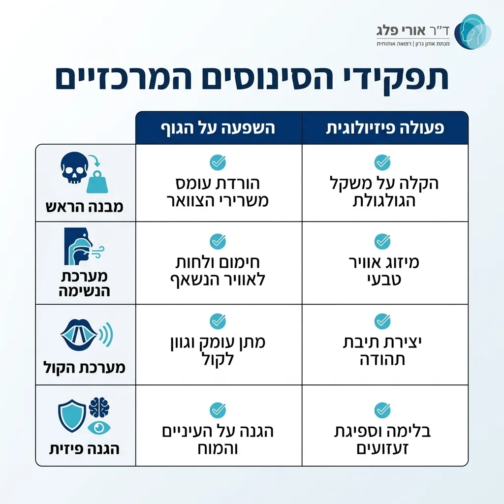 אינפוגרפיקה — תפקידי הסינוסים המרכזיים: השוואה בין הפעולה הפיזיולוגית, ההשפעה על הגוף