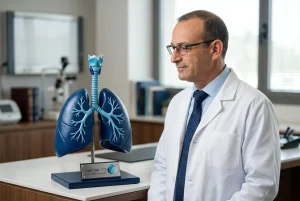 איור אנטומי איכותי וברור של מערכת הנשימה בגווני כחול רפואי.