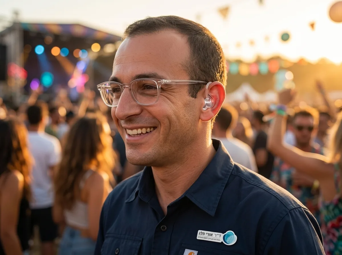 צילום מקצועי פוטו-ריאליסטי של בחור צעיר במסיבת טבע מרכיב אטמי אוזניים שקופים בהתאמה אישית, מחייך ונהנה, תאורה חמימה של שקיעה, פוקוס על הפנים והאוזן המוגנת