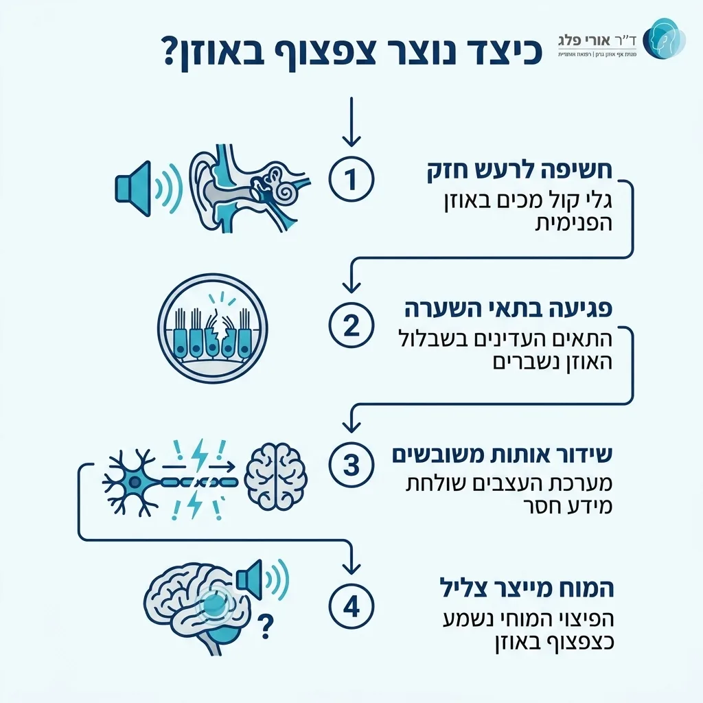 אינפוגרפיקה — כיצד נוצר צפצוף באוזן?: חשיפה לרעש חזק, פגיעה בתאי השערה, שידור אותות משובשים, המוח מייצר צליל