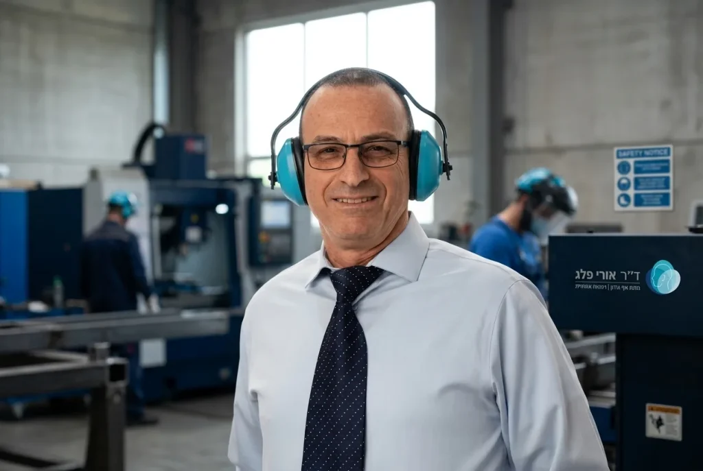 אדם במקום עבודה תעשייתי מרכיב אוזניות מגן, או תרשים של גלי קול נכנסים.