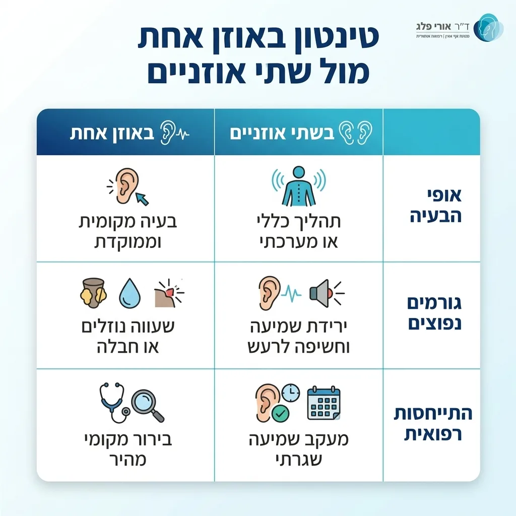 אינפוגרפיקה — טינטון באוזן אחת מול שתי אוזניים: השוואה בין באוזן אחת, בשתי אוזניים