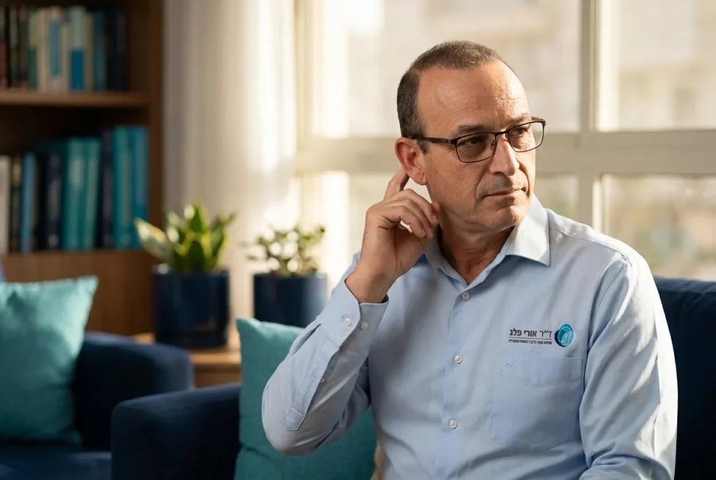אדם מבוגר נוגע בעדינות באוזן אחת במבט מהורהר, בסביבה ביתית מוארת.