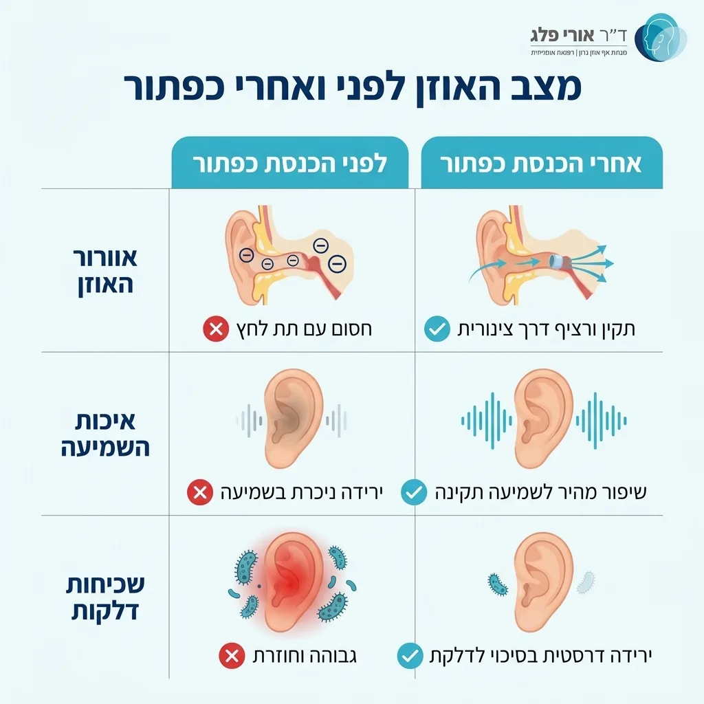אינפוגרפיקה — מצב האוזן לפני ואחרי כפתור: השוואה בין לפני הכנסת כפתור, אחרי הכנסת כפתור