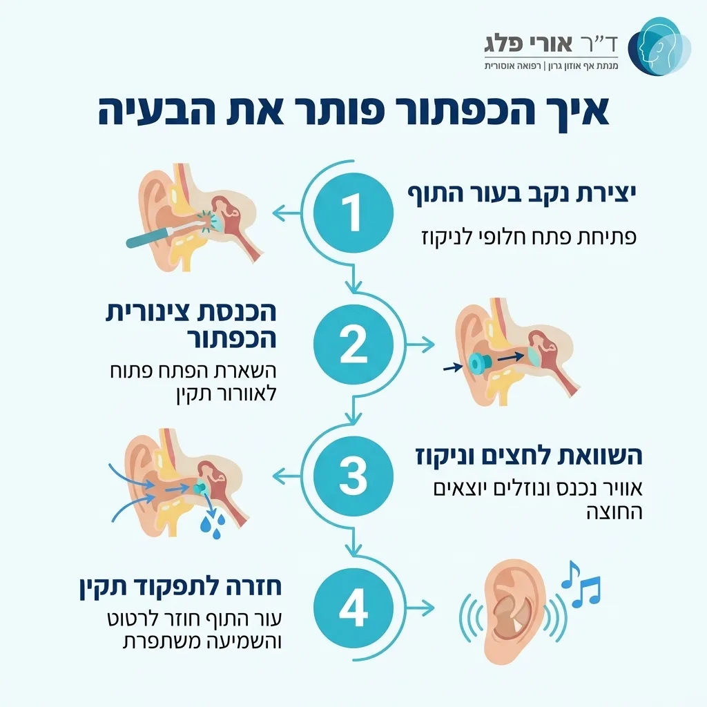 אינפוגרפיקה — איך הכפתור פותר את הבעיה: יצירת נקב בעור התוף, הכנסת צינורית הכפתור, השוואת לחצים וניקוז, חזרה לתפקוד תקין