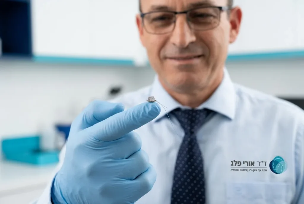 תמונת מאקרו רפואית ומוארת של כפתור כירורגי יושב על קצה של אצבע להמחשת הגודל המיניאטורי.