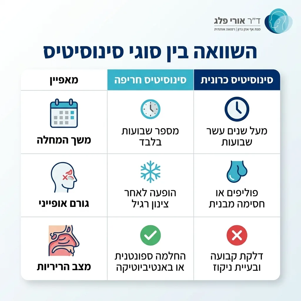 אינפוגרפיקה — השוואה בין סוגי סינוסיטיס: השוואה בין סינוסיטיס חריפה, סינוסיטיס כרונית