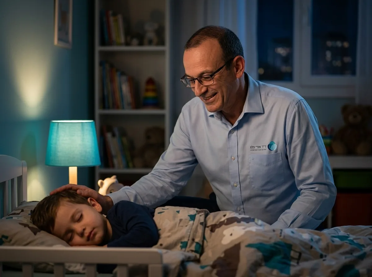 צילום ריאליסטי של אב רוכן ליד מיטת בנו הקטן בלילה, מרגיע אותו בחיוך, האווירה רכה ובטוחה, פוקוס על הפנים הרגועות של האב