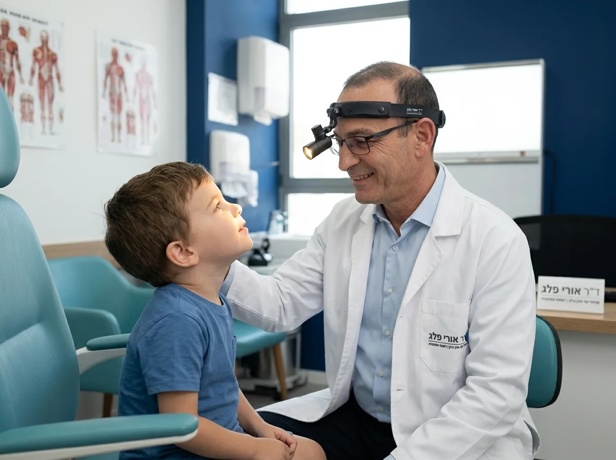 צילום ריאליסטי של רופא אף אוזן גרון חייכן במרפאה, בודק ילד קטן בעזרת פנס ראש רפואי קטן, הילד נינוח ורגוע