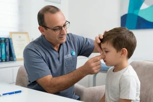 איור ברור המדגים הורה עוצר דימום לילד כשהראש מוטה מעט קדימה והאף לחוץ נכון.