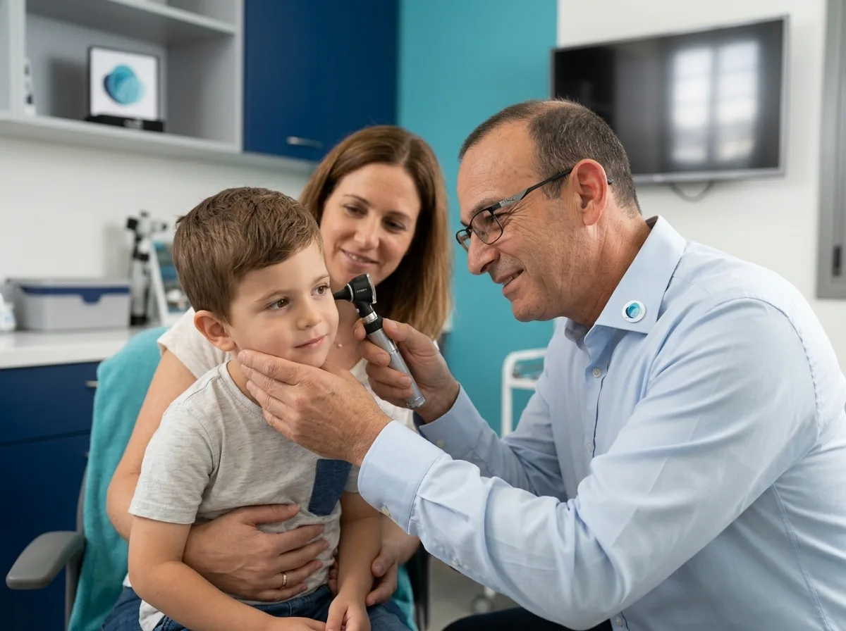 צילום ריאליסטי של רופא אף אוזן גרון בודק בעדינות אוזן של ילד קטן באמצעות אוטוסקופ, הילד יושב על ברכי אמו במרפאה מוארת, אווירה רגועה ומקצועית
