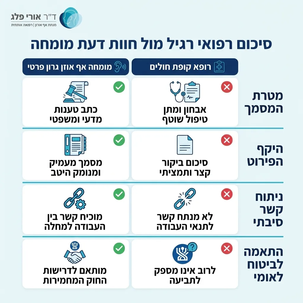 אינפוגרפיקה — סיכום רפואי רגיל מול חוות דעת מומחה: השוואה בין רופא קופת חולים, מומחה אף אוזן גרון פרטי