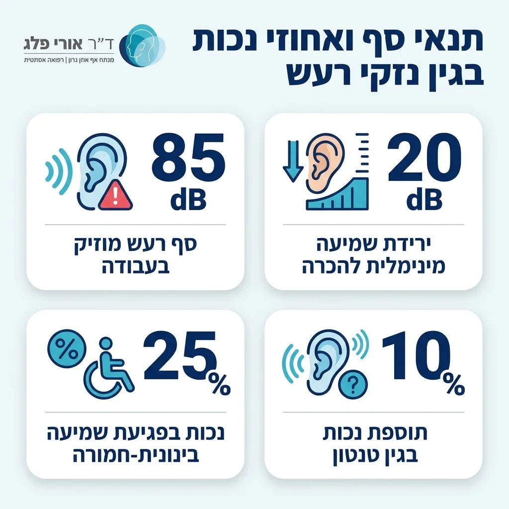 אינפוגרפיקה — תנאי סף ואחוזי נכות בגין נזקי רעש: סף רעש מזיק בעבודה, ירידת שמיעה מינימלית להכרה, נכות בפגיעת שמיעה בינונית-חמ