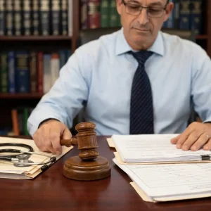 מסמכים רפואיים, פטיש שופטים וסטטוסקופ על שולחן משרדי מהגוני להעברת מסר של רפואה ומשפט.